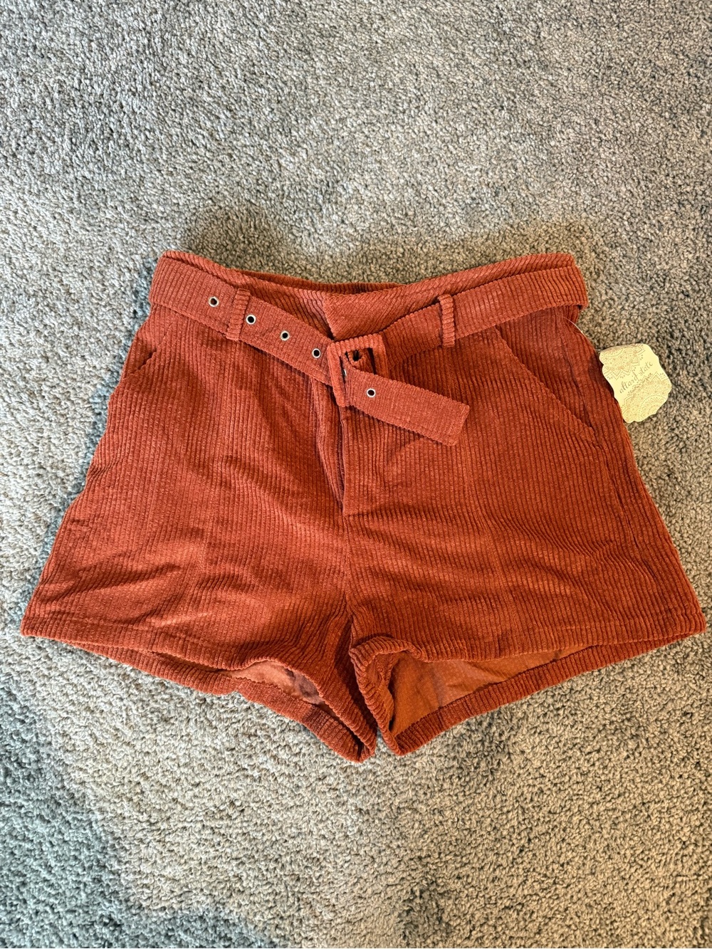 Altar'd State Rust Orange High-Waist Corduroy Belted Shorts